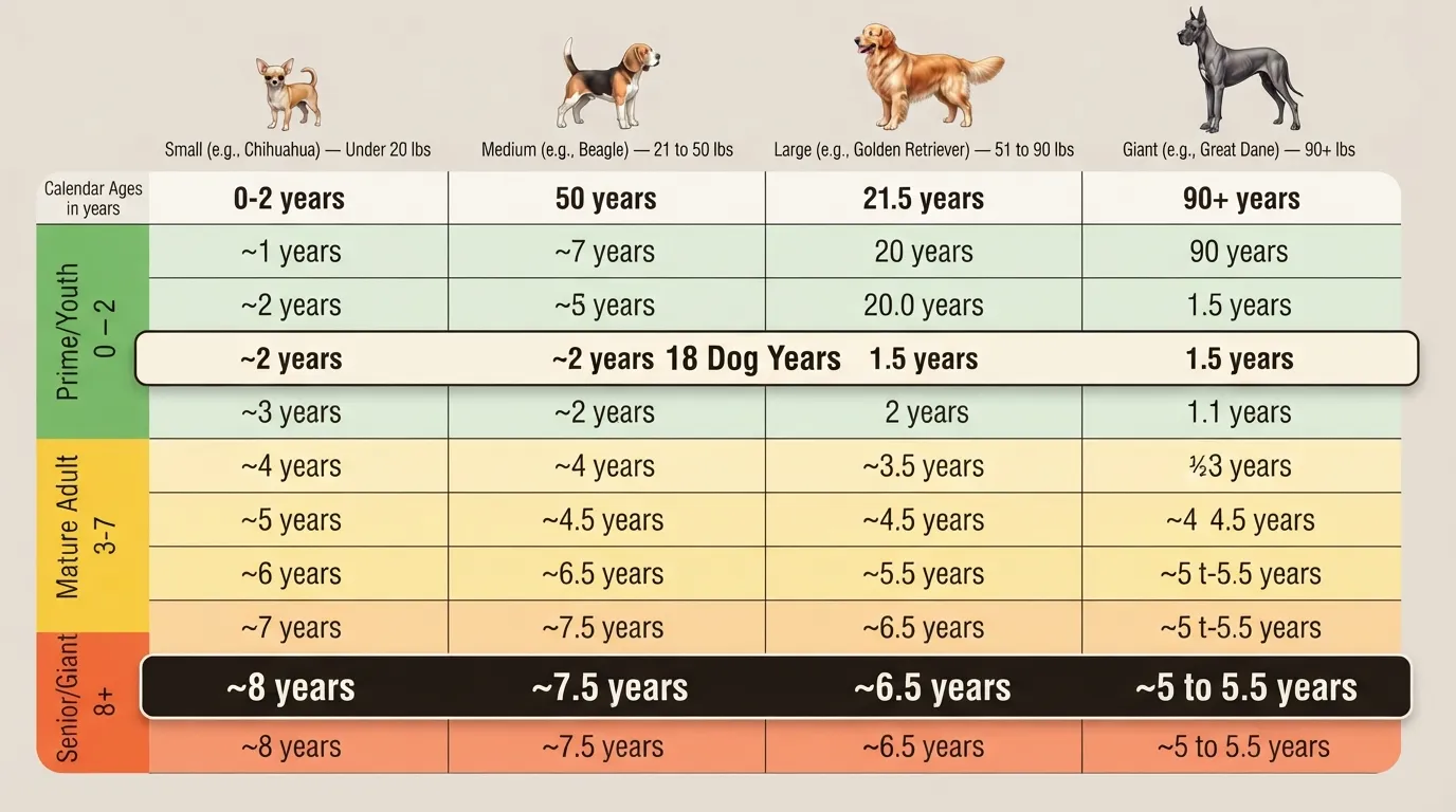 Comprehensive dog age comparison chart showing how 18 dog years and 50 dog years translate to human calendar years across small, medium, large, and giant breed sizes.