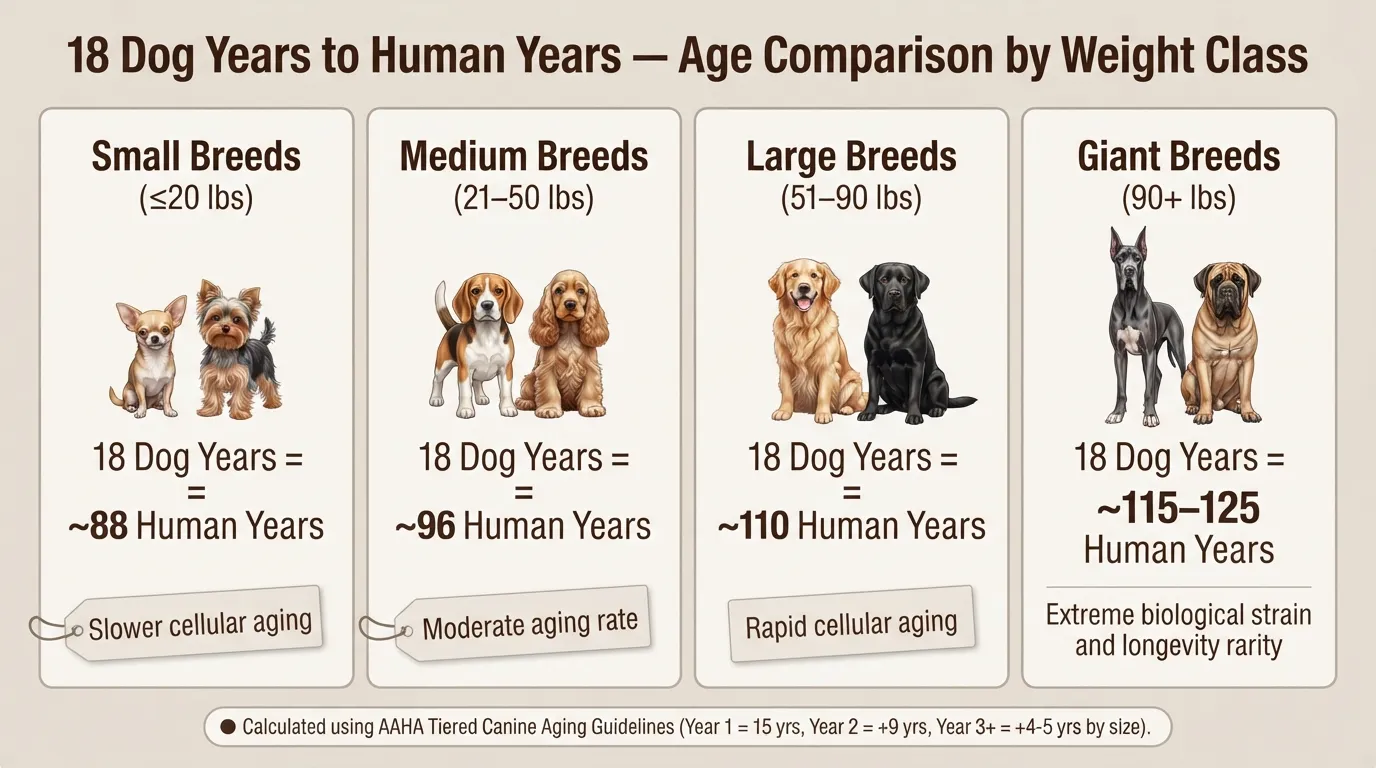 Infographic chart comparing an 18-year-old dog's age in human years across small, medium, large, and giant breed weight categories based on veterinary guidelines.