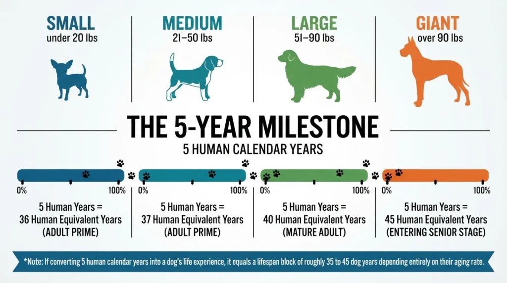 An infographic titled 'The 5-Year Milestone' showing dog size categories (Small, Medium, Large, Giant) and their corresponding human equivalent years at 5 human calendar years.