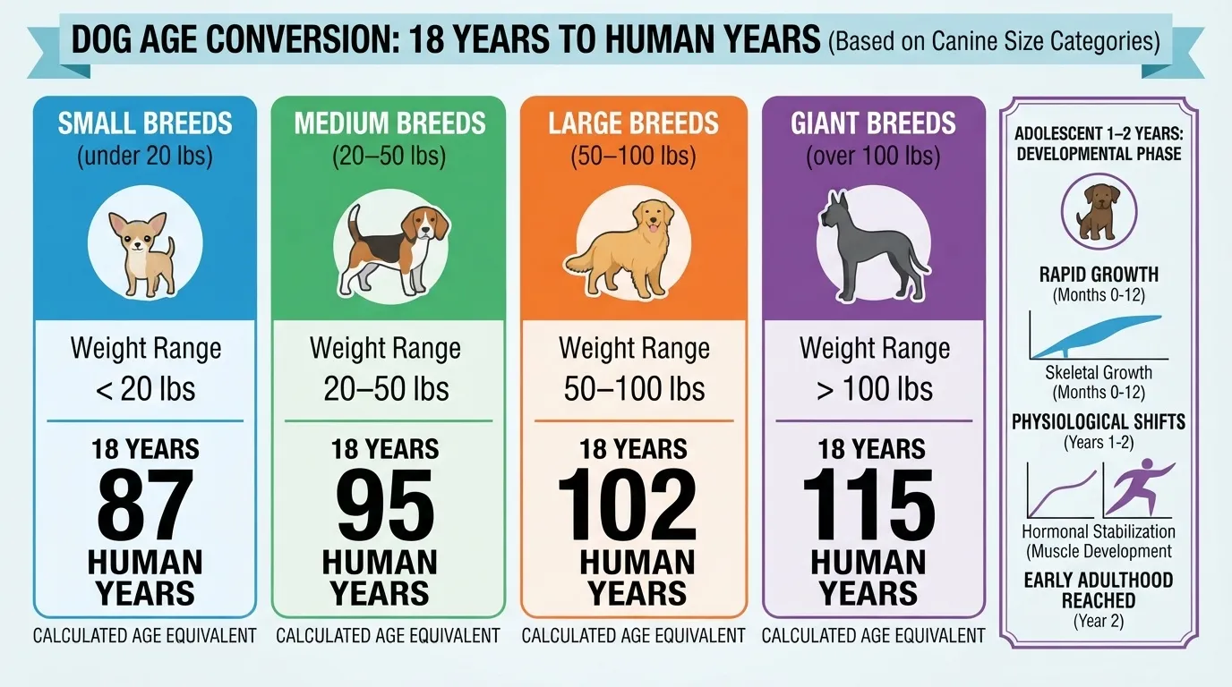 An informative infographic titled 'Dog Age Conversion: 18 Years to Human Years' showing equivalent human ages for small, medium, large, and giant dog breeds at 18 dog years.