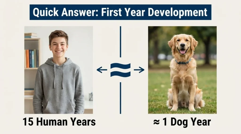 An infographic showing that 1 dog year is approximately equivalent to 15 human years, comparing a picture of a teenage boy to a golden retriever.