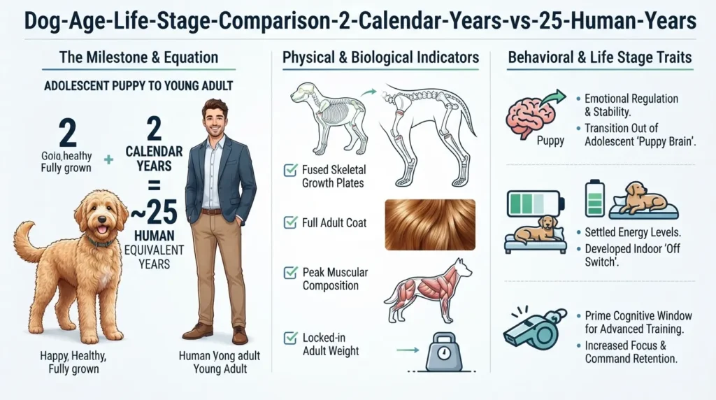 Infographic chart showing a 2-year-old dog transitioning from adolescent puppy to young adult equivalent to a 25-year-old human, illustrating physical growth plate closure, behavioral maturity, and settled energy levels.