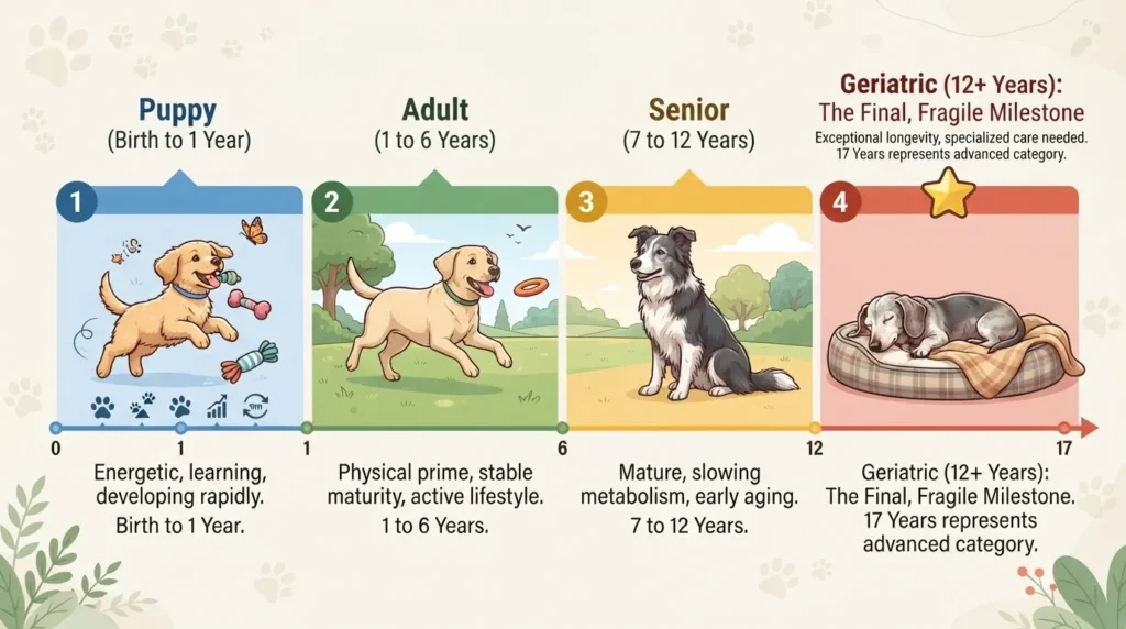 An infographic breakdown of canine life stages including Puppy (0-1 year), Adult (1-6 years), Senior (7-12 years), and Geriatric (12+ years) with illustrated dogs representing each phase.