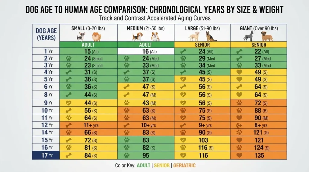 A comprehensive dog age to human age comparison chart categorizing age based on dog size and weight: Small (0-20 lbs), Medium (21-50 lbs), Large (51-90 lbs), and Giant (Over 90 lbs). Color-coded sections represent Adult, Senior, and Geriatric life stages from 1 to 17 years.