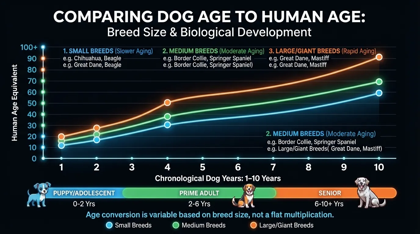 A detailed line graph comparison chart of dog age to human age based on breed size, categorized into small, medium, and large/giant breeds across 1 to 10 chronological dog years, showing puppy, prime adult, and senior stages.