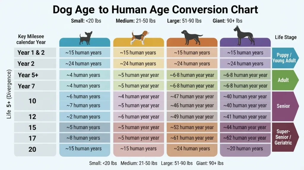 A detailed dog age to human age chart comparing small, medium, large, and giant breed aging stages alongside key life stages from puppy to super senior.