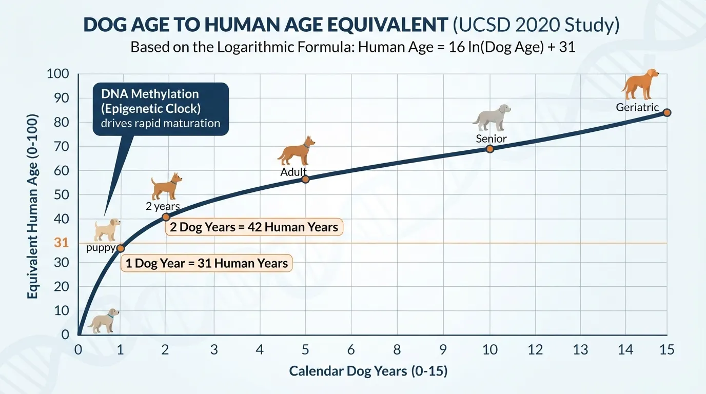 A line graph showing the logarithmic formula of dog age to human age equivalent from the UCSD 2020 study, mapping life stages from puppy to geriatric.