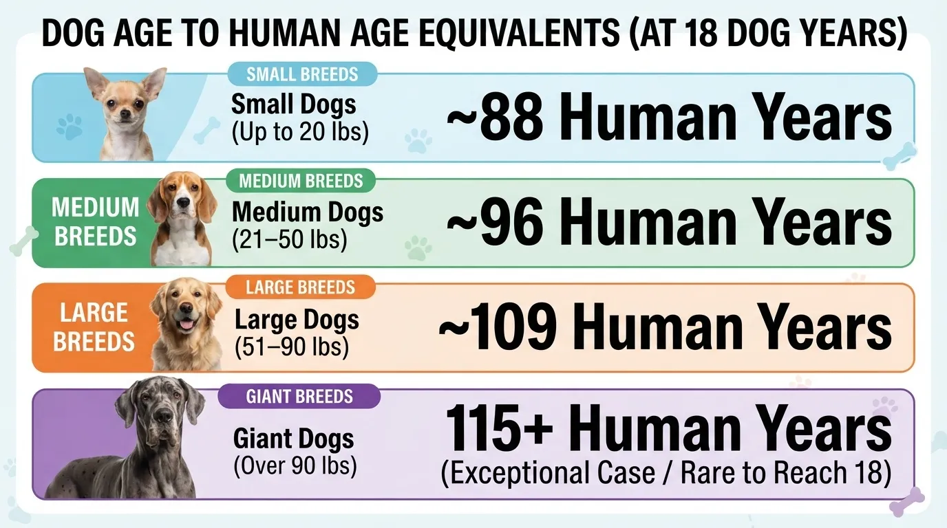 An infographic chart displaying dog age to human age equivalents at 18 dog years across small, medium, large, and giant breeds.