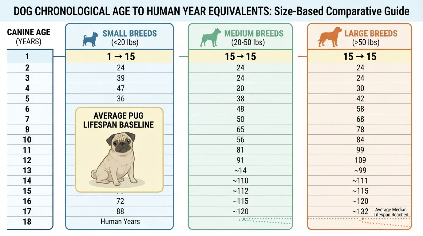 An infographic chart displaying dog chronological age to human year equivalents, categorized by small, medium, and large breeds with a special pug lifespan baseline spotlight.