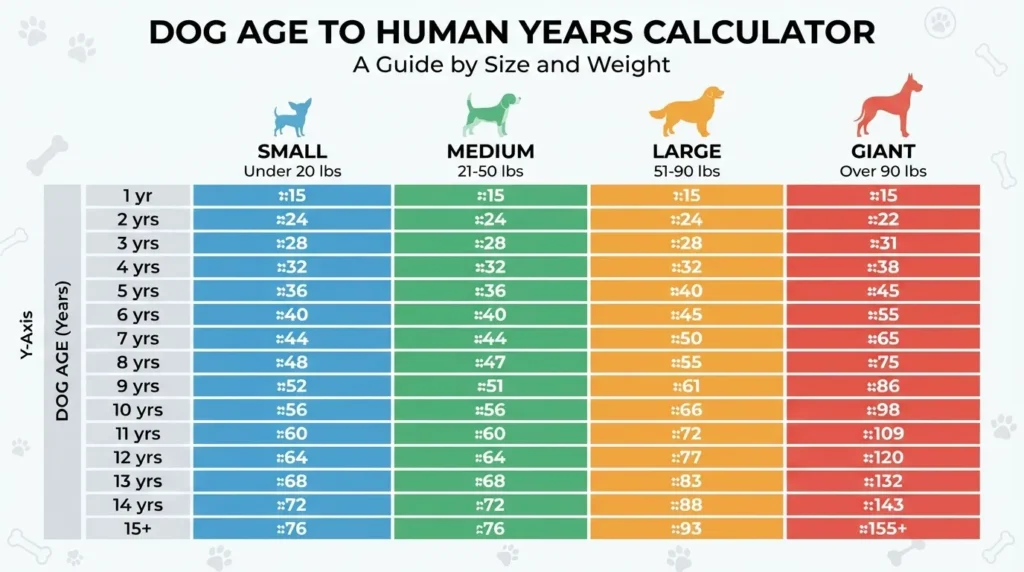 A detailed chart showing dog age to human years conversions across four categories: Small (under 20 lbs), Medium (21-50 lbs), Large (51-90 lbs), and Giant (over 90 lbs).
