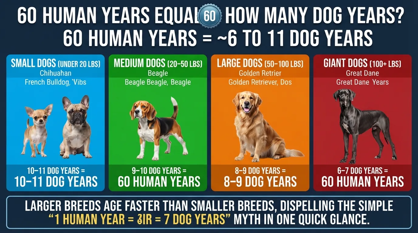 Comparison chart showing that a 60-year-old human equivalent equals approximately an 8- to 10-year-old dog depending on dog size and breed.
