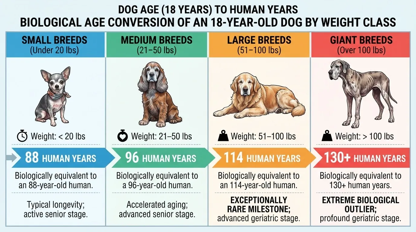 An infographic showing the biological age conversion of an 18-year-old dog into human years by weight class: Small Breeds (88 human years), Medium Breeds (96 human years), Large Breeds (114 human years), and Giant Breeds (130+ human years).