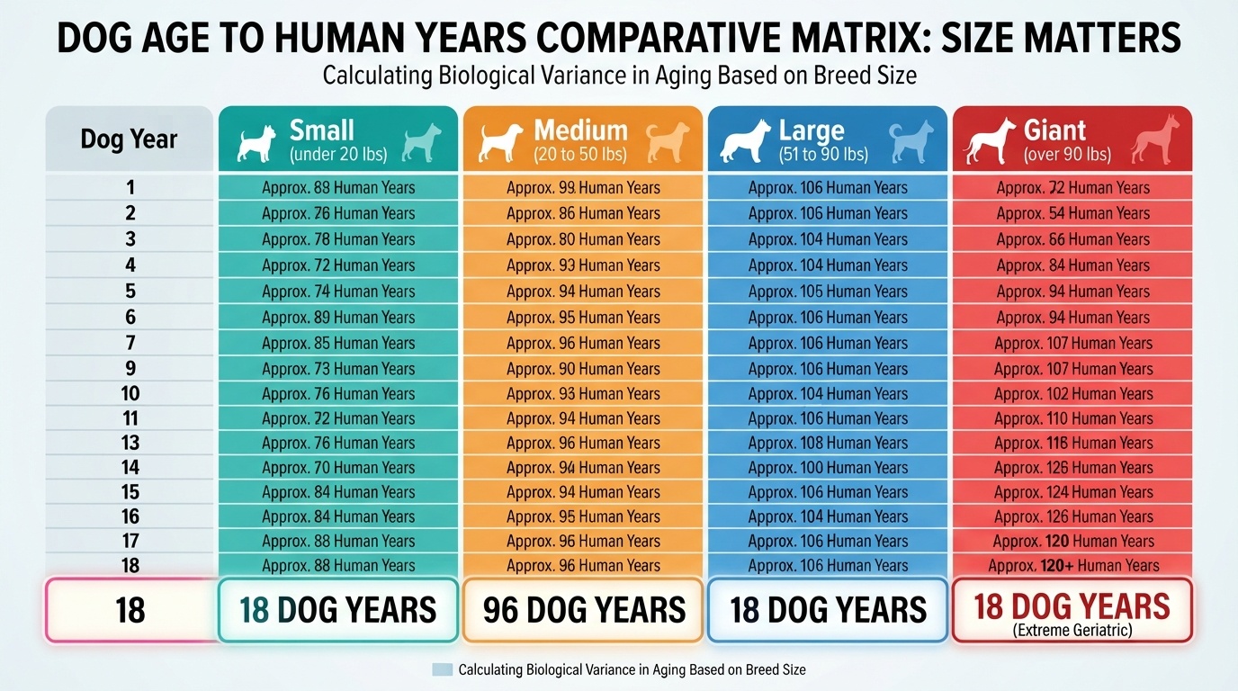 A detailed comparative matrix chart translating dog years to human years based on breed size categories: Small, Medium, Large, and Giant.