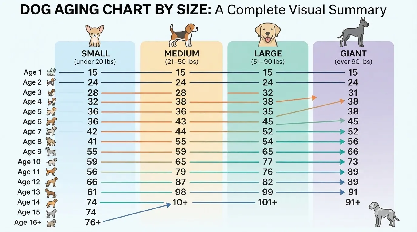 A comprehensive infographic titled 'DOG AGING CHART BY SIZE: A Complete Visual Summary' showing equivalent human ages for Small, Medium, Large, and Giant dog breeds from age 1 to 16+.