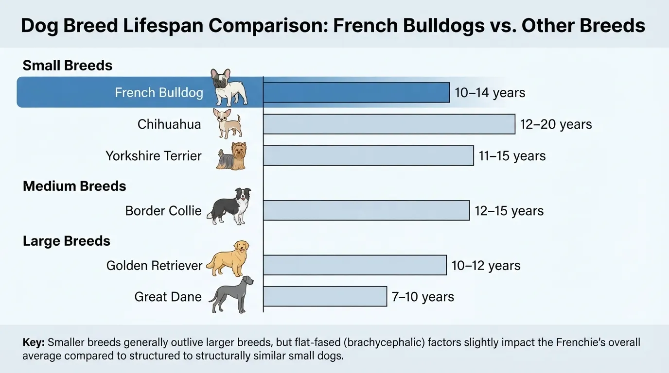 An infographic comparing the lifespans of various dog breeds classified by small, medium, and large sizes, highlighting the French Bulldog's 10-14 year life expectancy.