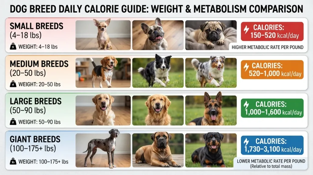 Comparison chart showing average weight and daily calorie requirements for popular small, medium, large, and giant dog breeds including Chihuahuas, Beagles, Labradors, and Great Danes.