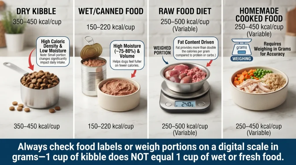 Infographic comparing calorie density per cup across dry kibble, wet canned food, raw diets, and homemade dog food recipes.
