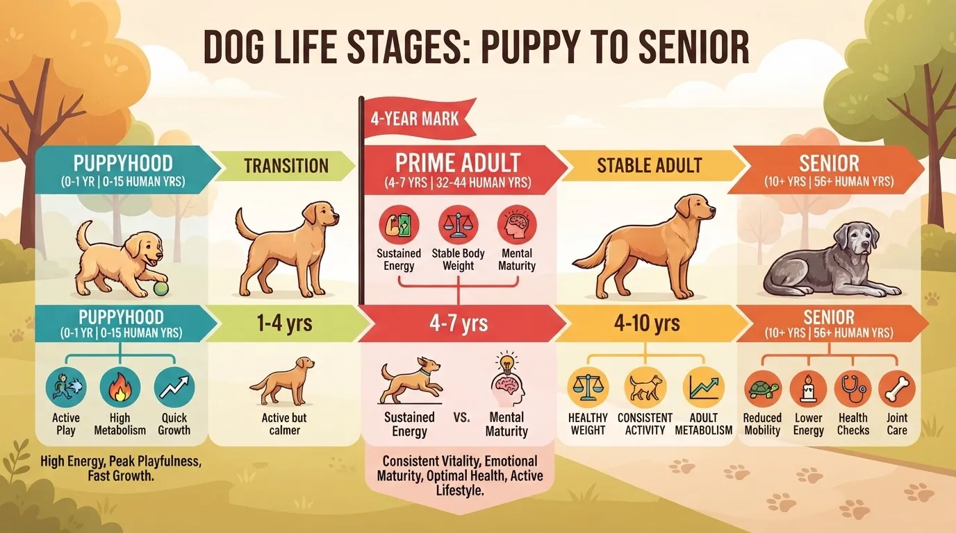 A detailed infographic titled 'Dog Life Stages: Puppy to Senior' illustrating canine developmental stages, corresponding age ranges, human year equivalents, and key health traits for each phase.