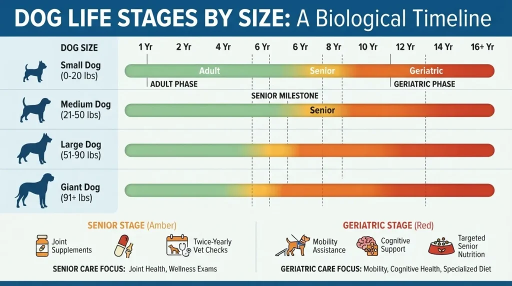 An infographic titled 'Dog Life Stages by Size: A Biological Timeline' mapping small, medium, large, and giant dogs' adult, senior, and geriatric phases from ages 1 to 16+ years.