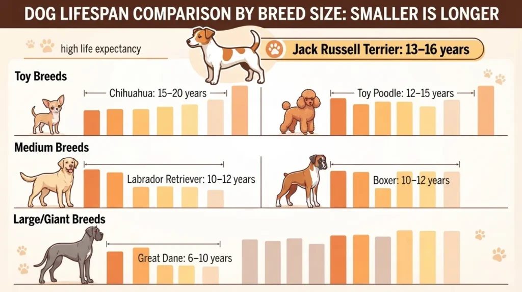 Infographic showing a dog lifespan comparison by breed size, featuring toy, medium, and giant breeds with their average life expectancies.