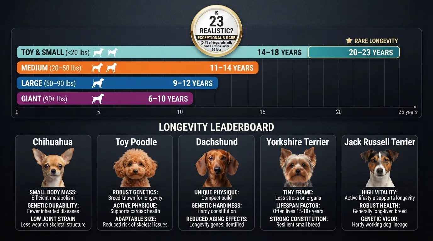 Infographic showing average lifespan ranges by dog size category alongside small breeds like Chihuahuas, Toy Poodles, and Dachshunds that can live up to 23 years.