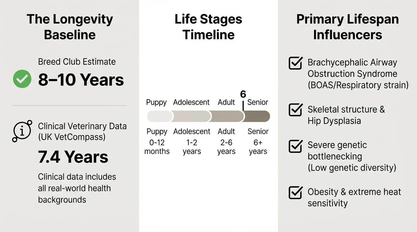 An infographic showing canine longevity baselines, a four-stage life timeline from puppy to senior, and primary lifespan influencers including BOAS, hip dysplasia, genetic bottlenecking, and obesity.