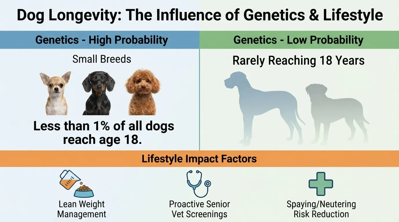 Infographic titled 'Dog Longevity: The Influence of Genetics & Lifestyle' showing small breeds like Chihuahuas, Dachshunds, and Poodles with a higher probability of reaching age 18, large breeds with a lower probability, and key lifestyle factors like weight management, vet screenings, and spaying/neutering.