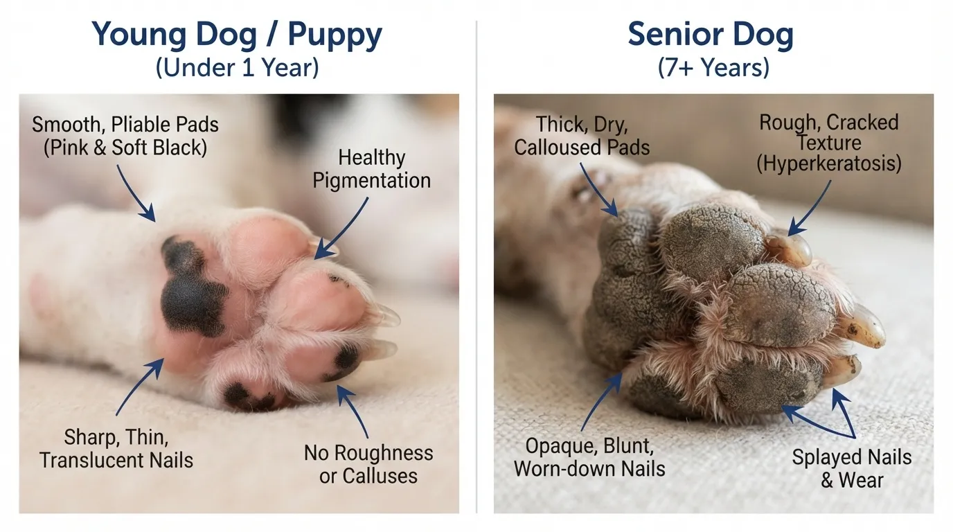 An infographic comparing a young puppy's soft, pink, and black paw pads with a senior dog's rough, cracked, calloused paw pads showing hyperkeratosis.