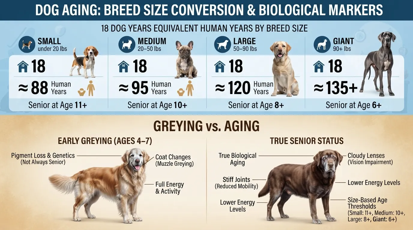 Comparison chart showing 18 dog years in human years by small, medium, large, and giant breed sizes alongside indicators of early greying versus actual senior age.