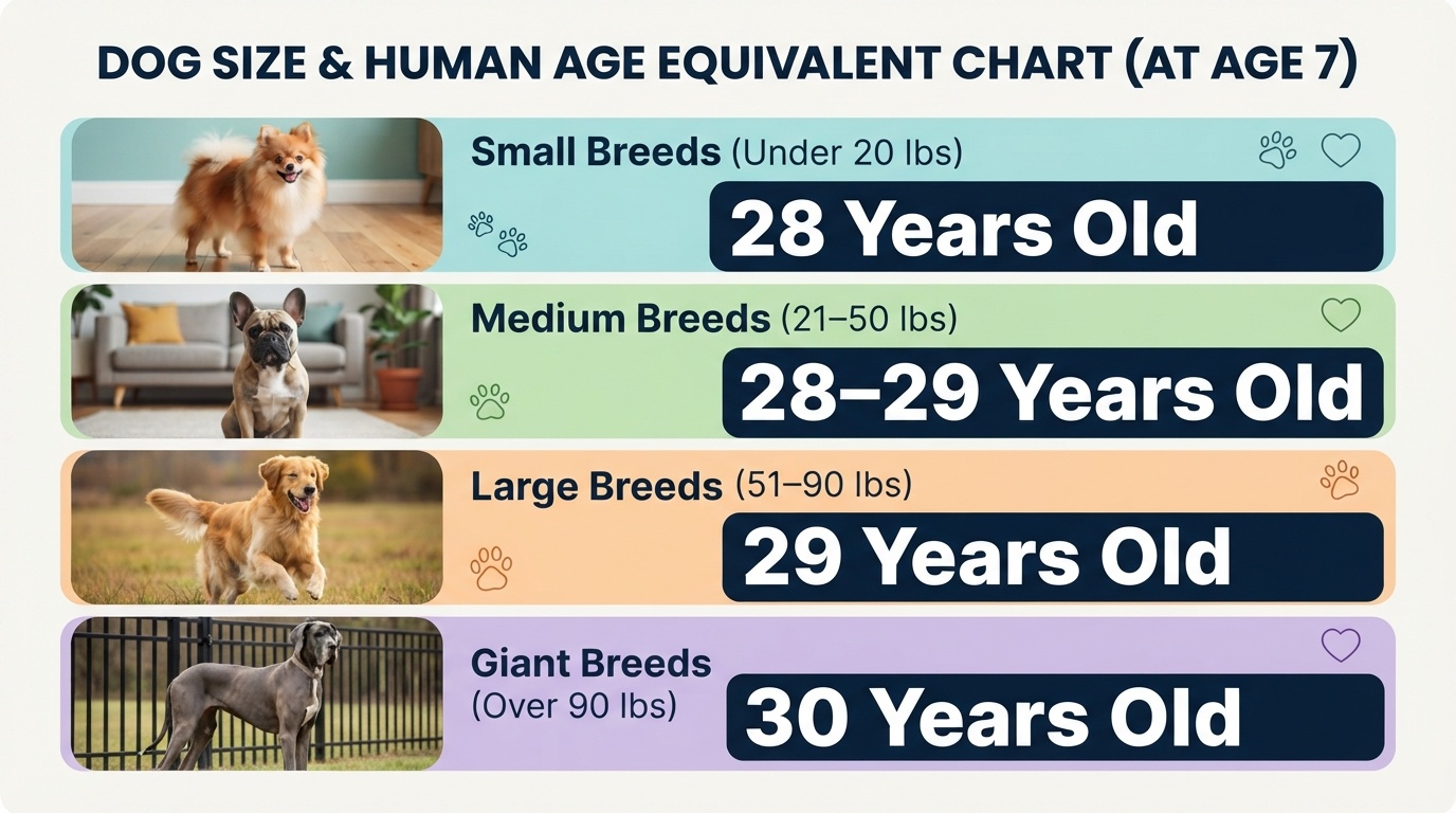 An informative infographic chart by dogagescalculatoR titled 'Dog Size & Human Age Equivalent Chart (At Age 7)' showing human age equivalents for small (under 20 lbs, 28 years old), medium (21-50 lbs, 28-29 years old), large (51-90 lbs, 29 years old), and giant breeds (over 90 lbs, 30 years old) with illustrative dog photos.