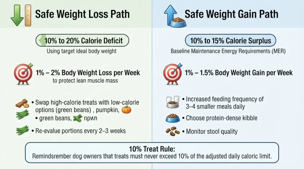 Infographic showing safe calorie adjustment steps for dog weight loss with a ten to twenty percent reduction and weight gain with a ten to fifteen percent increase.