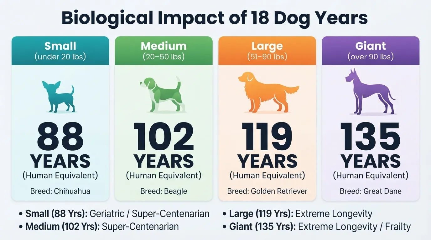 An infographic titled 'Biological Impact of 18 Dog Years' showing the human equivalent ages for Small (88 years), Medium (102 years), Large (119 years), and Giant (135 years) dog breeds.