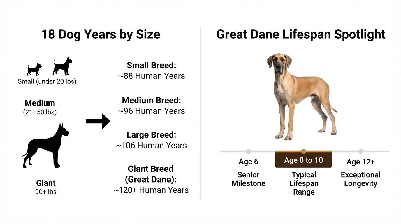 An infographic comparing 18 dog years across small, medium, large, and giant breeds, alongside a Great Dane lifespan spotlight detailing milestones from senior to exceptional longevity.