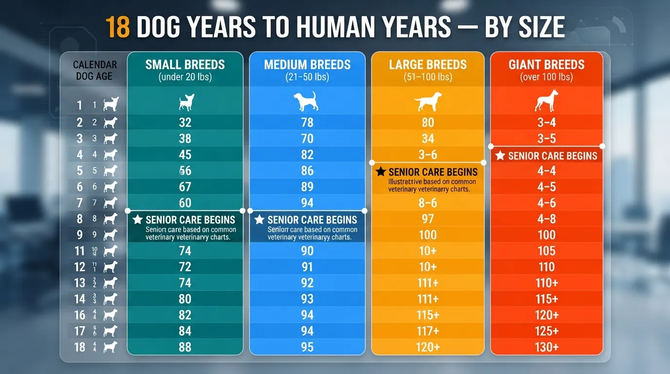 Infographic chart comparing dog years to human years across small, medium, large, and giant breed dogs.