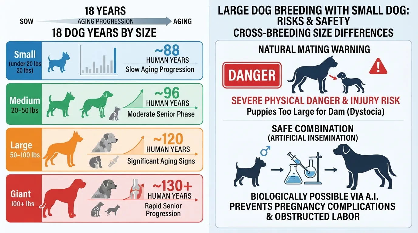 Infographic chart comparing dog years to human years for small, medium, large, and giant breeds at age 18.