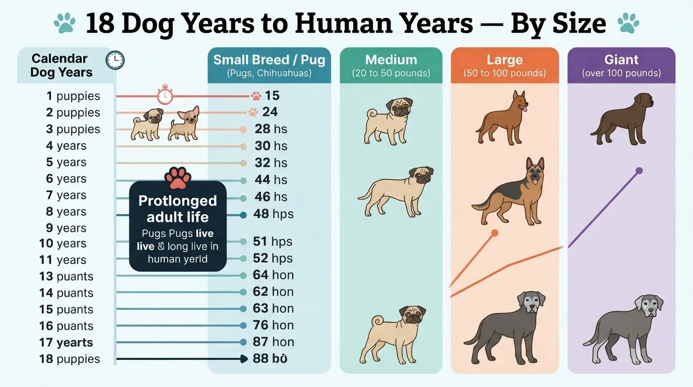 Infographic chart displaying '18 Dog Years to Human Years — By Size' categorizing small breeds/pugs, medium, large, and giant dogs with corresponding aging intervals.