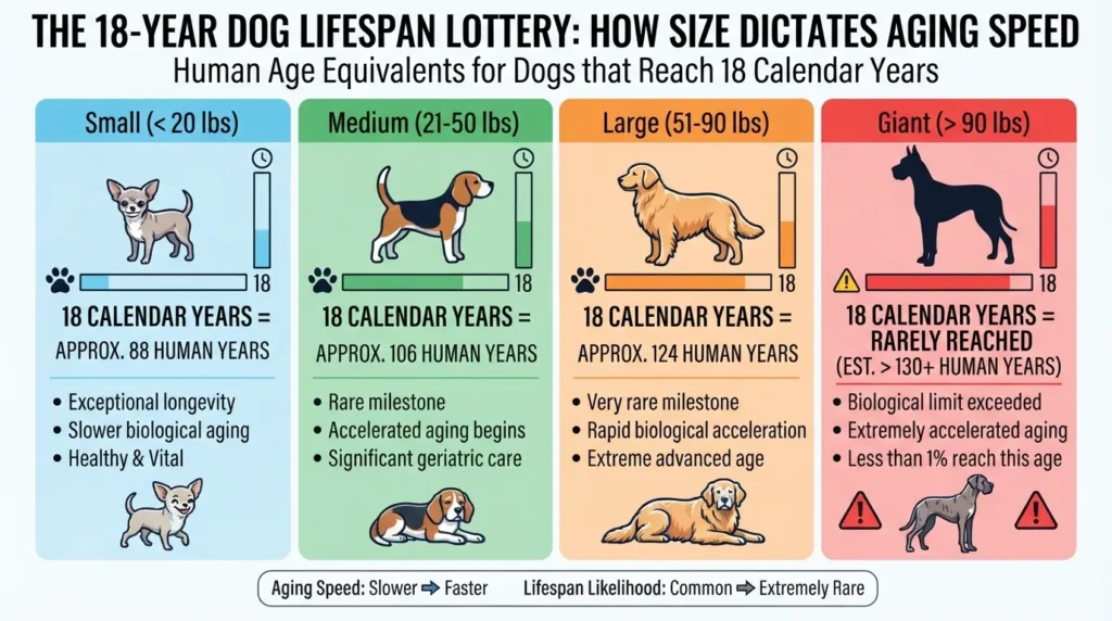 An infographic from Dog Ages Calculator explaining 'The 18-Year Dog Lifespan Lottery' which compares how small, medium, large, and giant dogs age differently by the time they reach 18 calendar years, displaying equivalent human ages from 88 to over 130 years.