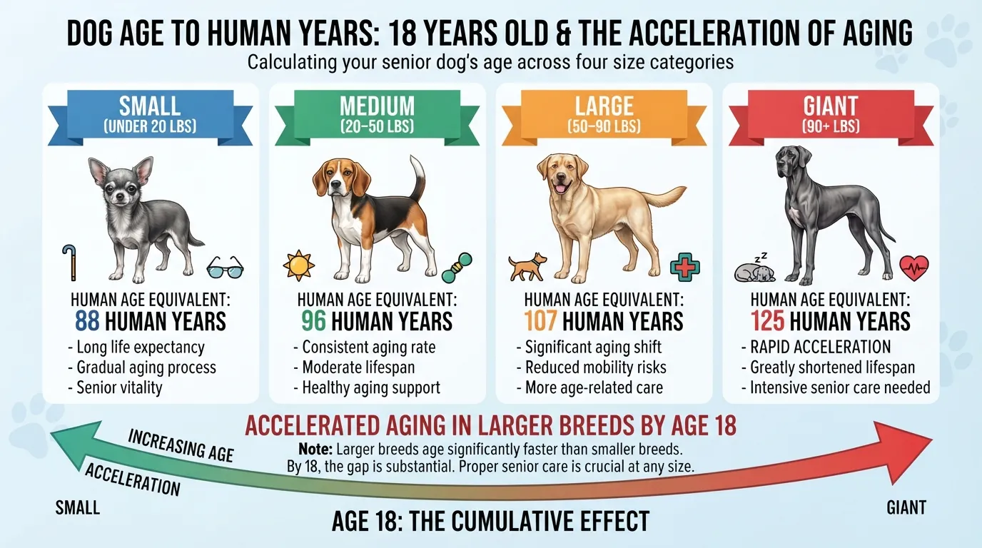 Infographic comparing 18 dog years to human years across small, medium, large, and giant dog breeds.