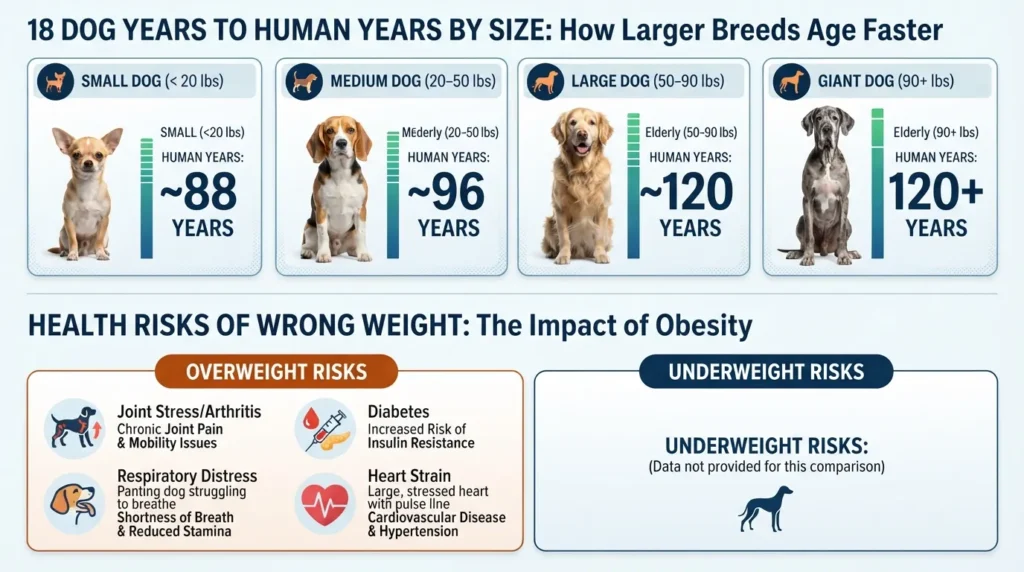 Infographic showing an 18 dog years to human years conversion chart by small, medium, large, and giant breed size alongside the health risks of dogs being overweight or underweight.