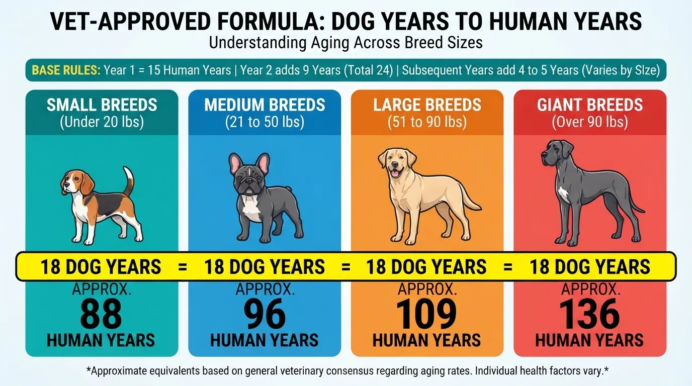 A vet-approved dog years to human years chart by Dog Ages Calculator showing aging comparison across small, medium, large, and giant breed sizes, illustrating how 18 dog years translates to human age equivalents.