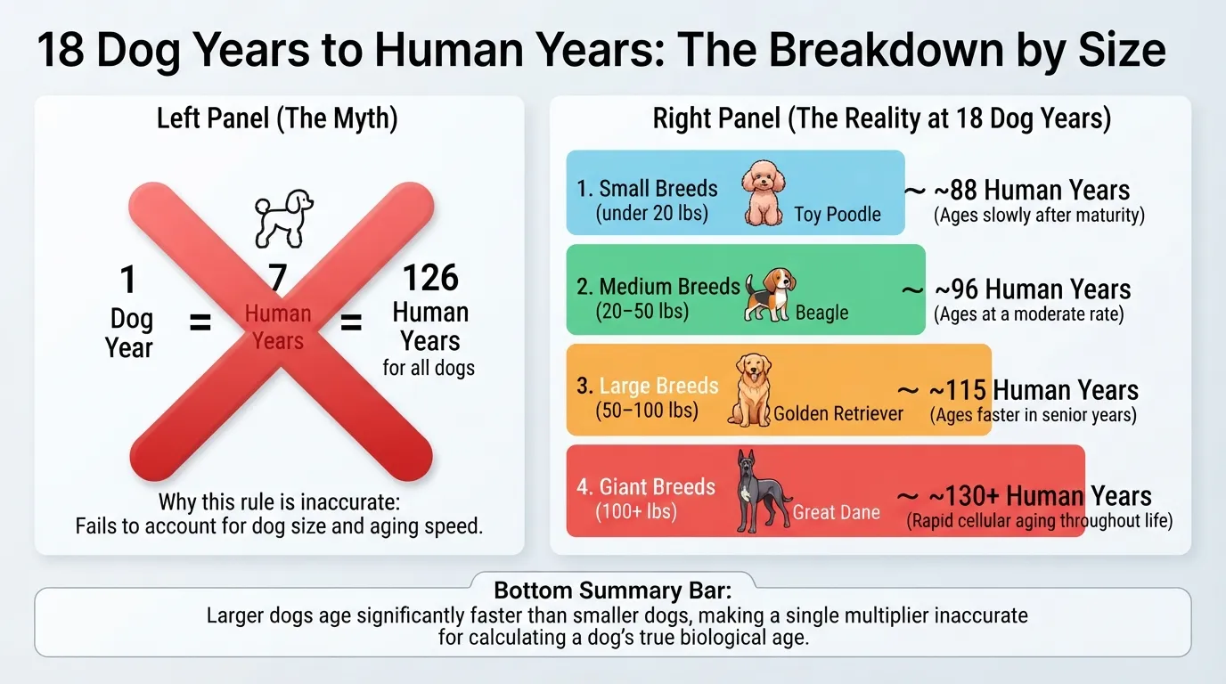 Infographic chart comparing dog years to human years at age 18 across small, medium, large, and giant breeds, showing why the 7-year rule is inaccurate.