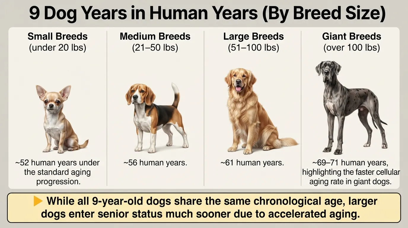 Comparison chart showing a 9-year-old dog's age in human years across small, medium, large, and giant breed sizes.