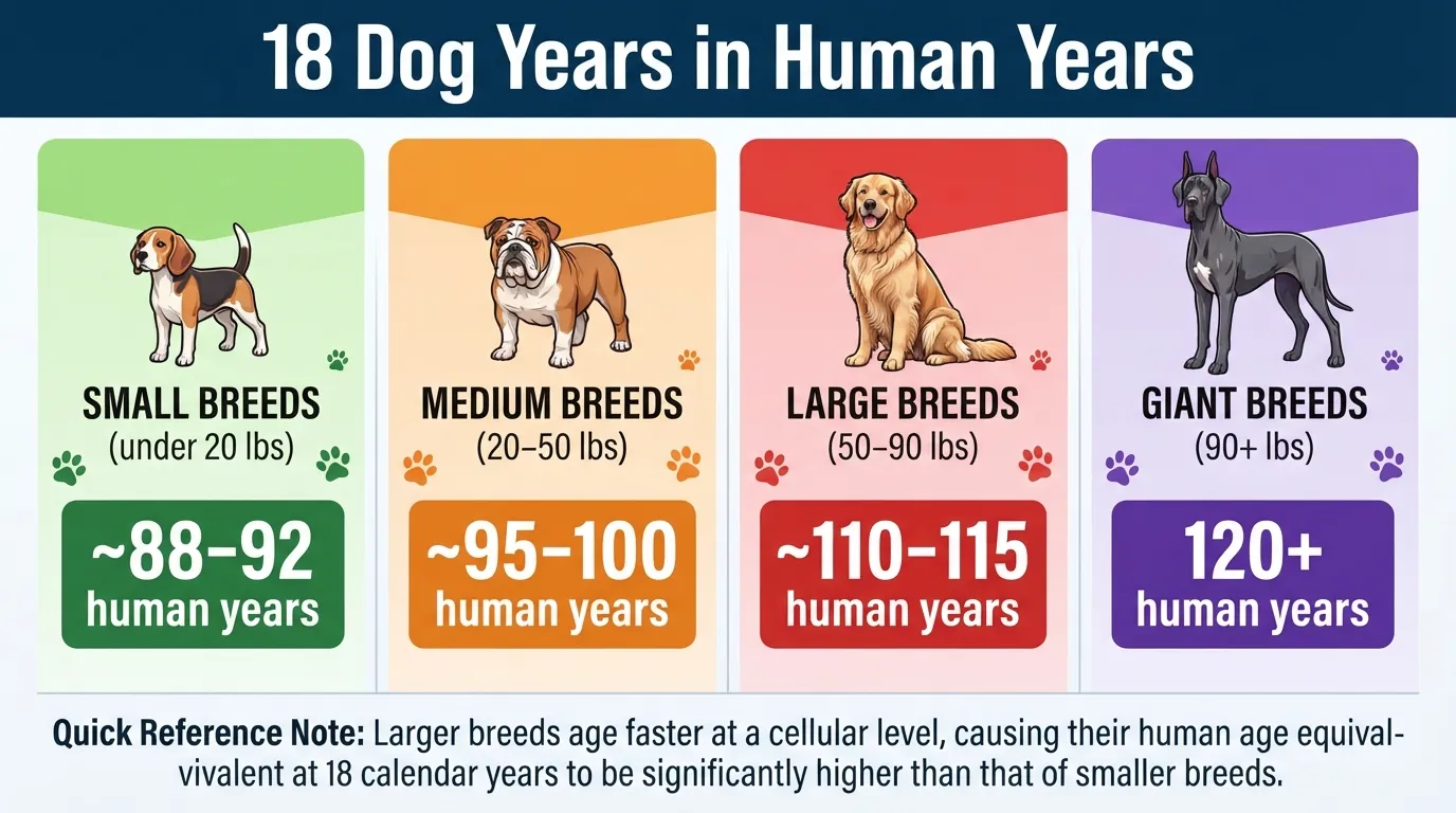 Infographic chart comparing 18 dog years to human years across small, medium, large, and giant dog breed size categories.