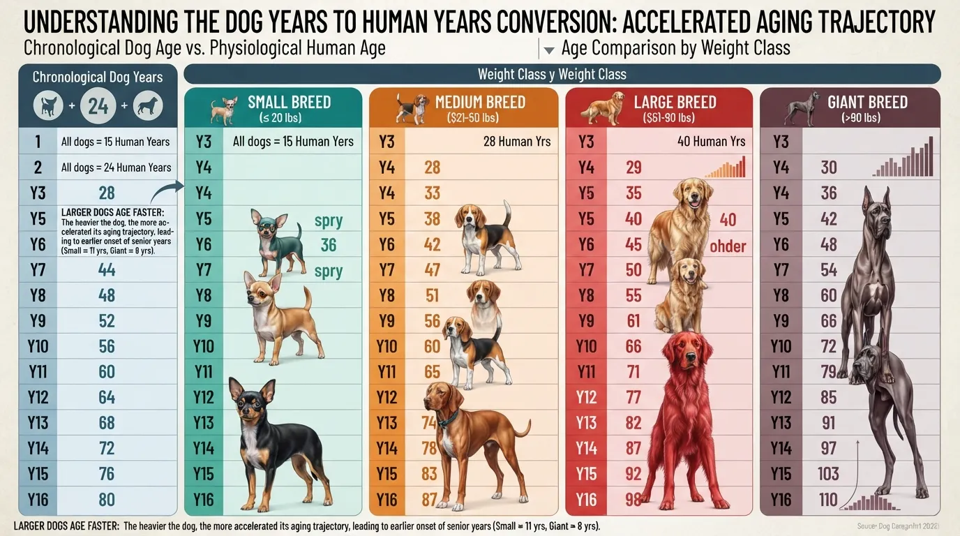 Infographic chart comparing dog years to human years based on weight categories, showing small, medium, and large breed aging rates.
