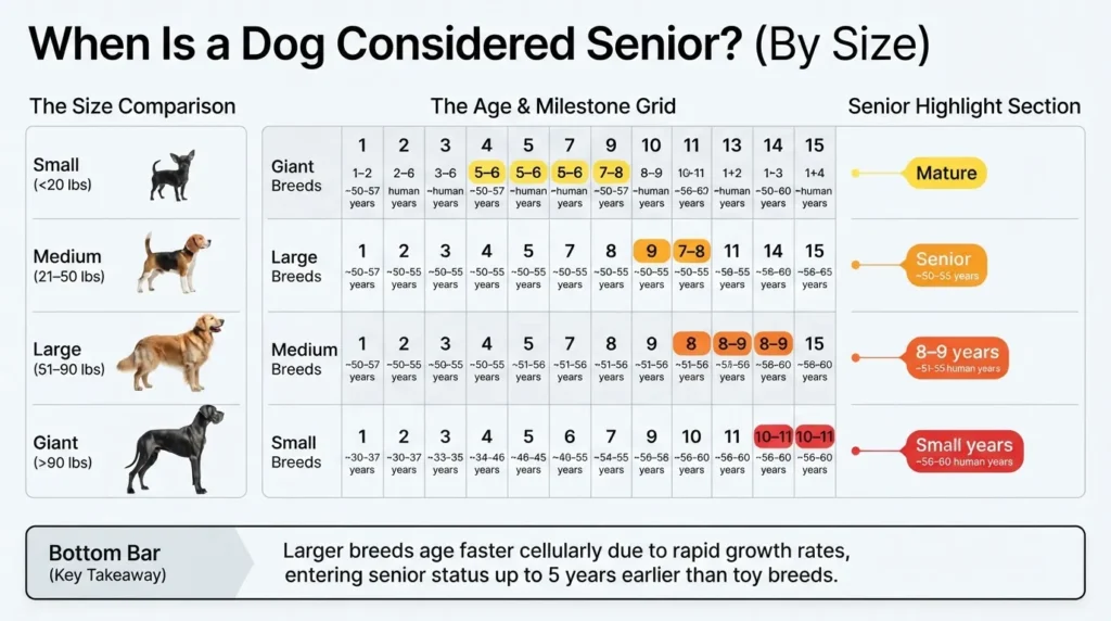 Infographic chart comparing dog years to human years across small, medium, large, and giant breeds, highlighting senior stage thresholds from ages 5 to 11.