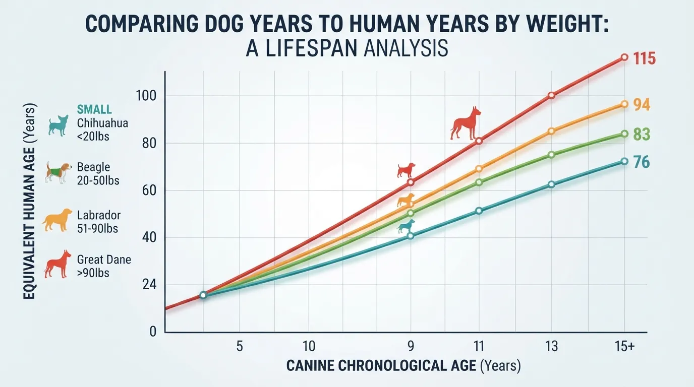 Infographic chart comparing dog ages to human years across four weight categories—small, medium, large, and giant breeds—demonstrating how different sizes age at faster or slower rates.