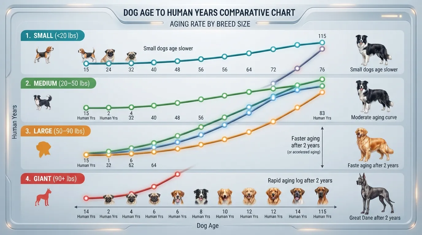A comprehensive canine age chart comparing dog years to human years across four distinct size categories: small, medium, large, and giant breeds.