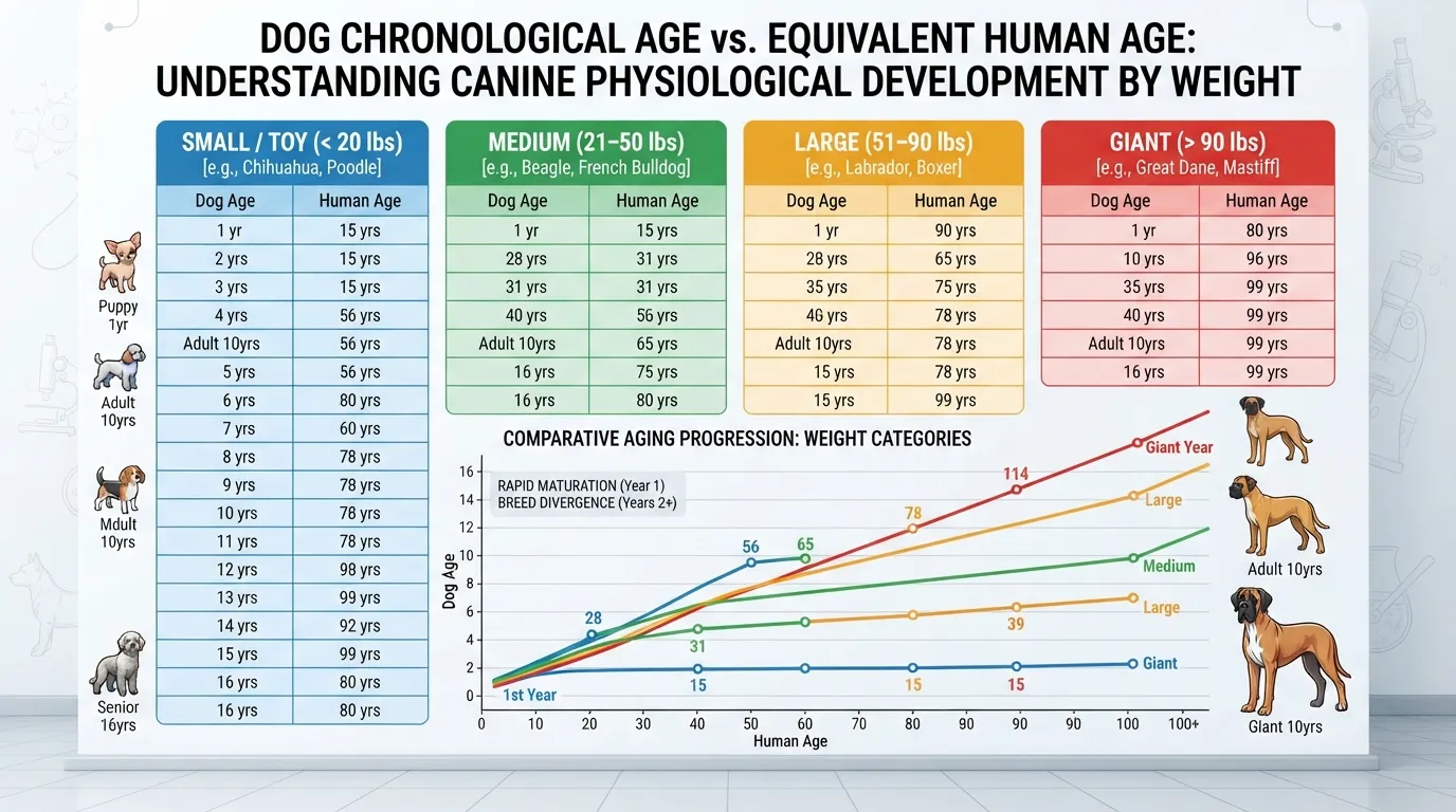 Infographic chart comparing dog years to human years categorized by dog size classes, including small, medium, large, and giant breeds.