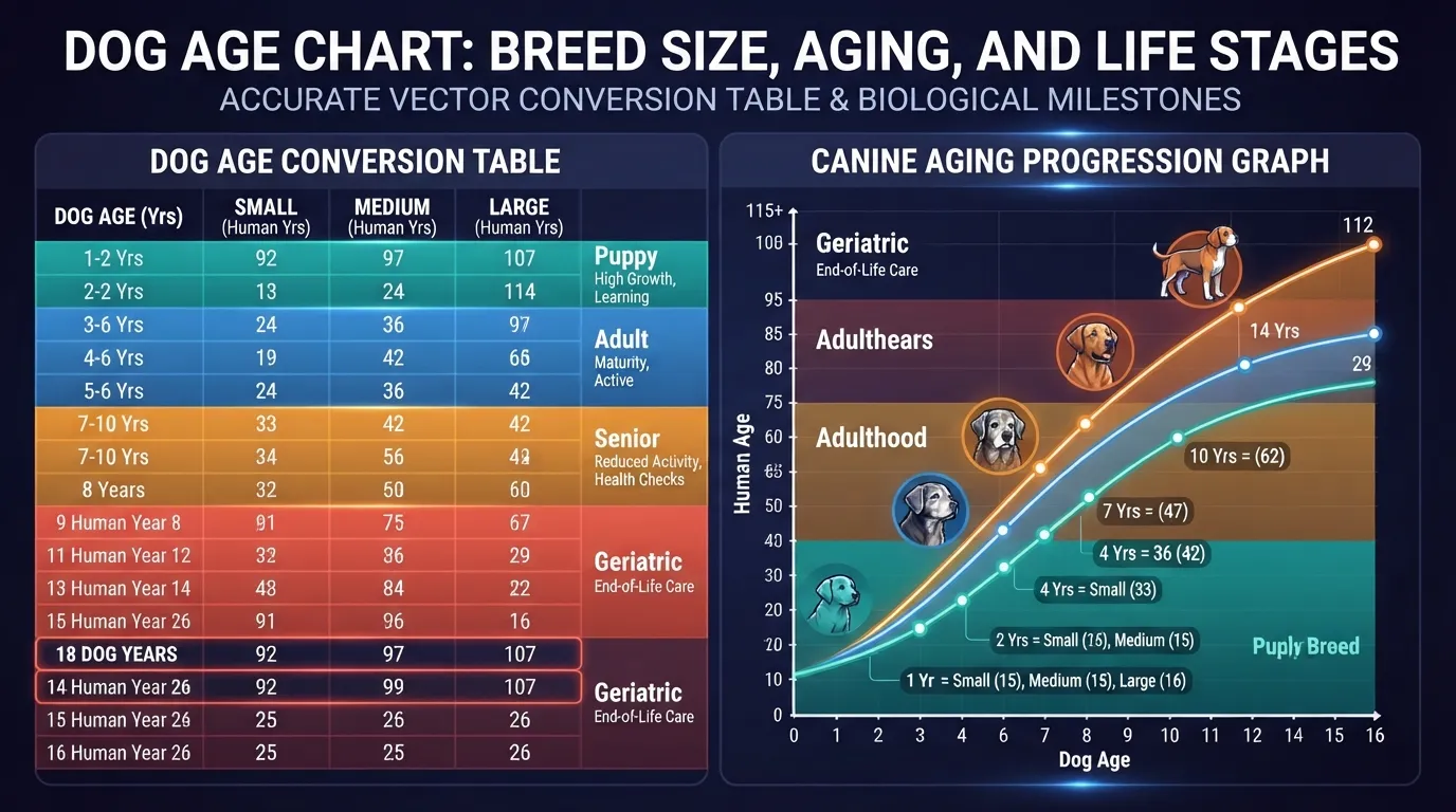 Infographic chart comparing dog years to human years categorized by small, medium, and large dog breeds, featuring age conversion metrics.
