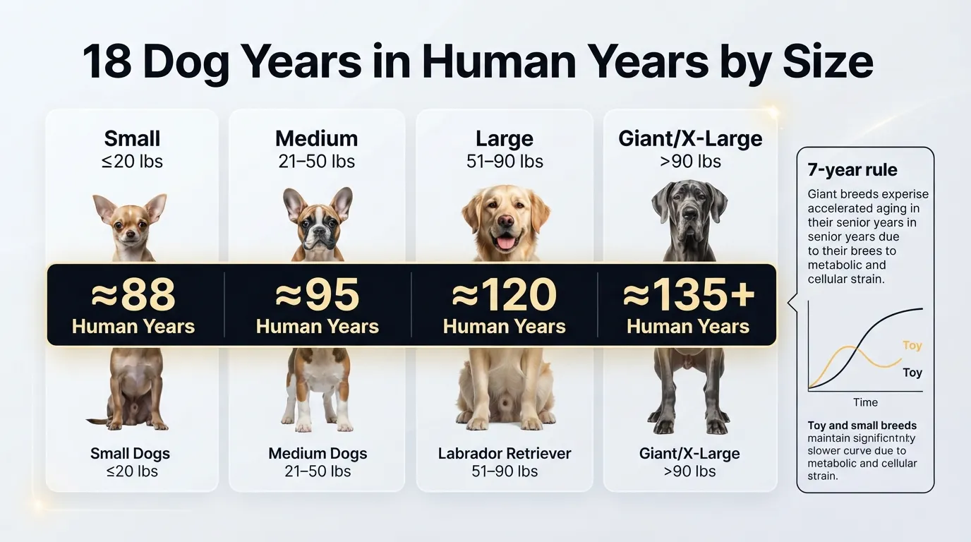 Infographic chart converting 18 dog years to human years across small, medium, large, and giant dog sizes.